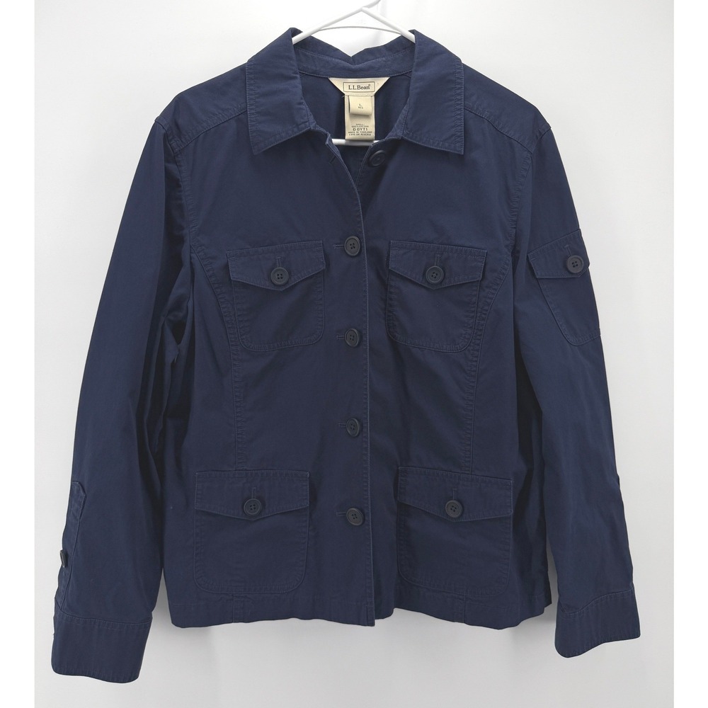 LL Bean Utility Field Jacket Navy Blue Cotton Button Pockets Lightweight Women L